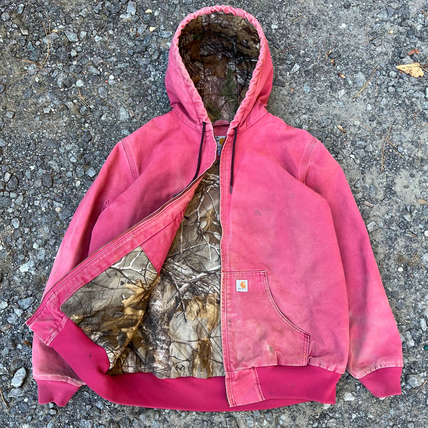 Faded Red Carhartt Jacket with RealTree Camo Interior